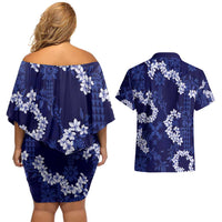 Mokihana Maile and Ilima Leis Couples Matching Off Shoulder Short Dress and Hawaiian Shirt Uliuli Hawaiian Tapa Quilt Pattern LT9 - Polynesian Pride