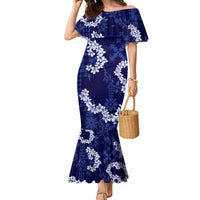 Mokihana Maile and Ilima Leis Family Matching Mermaid Dress and Hawaiian Shirt Uliuli Hawaiian Tapa Quilt Pattern LT9 Mom's Dress Blue - Polynesian Pride