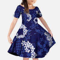Mokihana Maile and Ilima Leis Family Matching Off The Shoulder Long Sleeve Dress and Hawaiian Shirt Uliuli Hawaiian Tapa Quilt Pattern LT9 Daughter's Dress Blue - Polynesian Pride