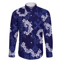 Mokihana Maile and Ilima Leis Family Matching Off The Shoulder Long Sleeve Dress and Hawaiian Shirt Uliuli Hawaiian Tapa Quilt Pattern LT9 Dad's Shirt - Long Sleeve Blue - Polynesian Pride