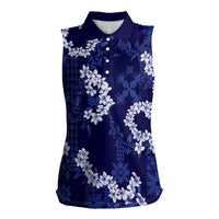 Mokihana Maile and Ilima Leis Women Sleeveless Polo Shirt Uliuli Hawaiian Tapa Quilt Pattern LT9 Female Blue - Polynesian Pride