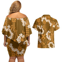 Mokihana Maile and Ilima Leis Couples Matching Off Shoulder Short Dress and Hawaiian Shirt Alani Hawaiian Tapa Quilt Pattern LT9 - Polynesian Pride