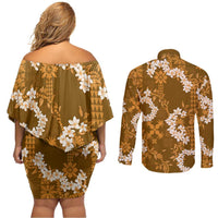 Mokihana Maile and Ilima Leis Couples Matching Off Shoulder Short Dress and Long Sleeve Button Shirt Alani Hawaiian Tapa Quilt Pattern LT9 - Polynesian Pride