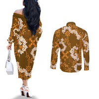 Mokihana Maile and Ilima Leis Couples Matching Off The Shoulder Long Sleeve Dress and Long Sleeve Button Shirt Alani Hawaiian Tapa Quilt Pattern LT9 - Polynesian Pride