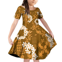 Mokihana Maile and Ilima Leis Family Matching Off Shoulder Short Dress and Hawaiian Shirt Alani Hawaiian Tapa Quilt Pattern LT9 Daughter's Dress Gold - Polynesian Pride