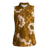 Mokihana Maile and Ilima Leis Women Sleeveless Polo Shirt Alani Hawaiian Tapa Quilt Pattern LT9 Female Gold - Polynesian Pride