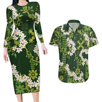 Mokihana Maile and Ilima Leis Couples Matching Long Sleeve Bodycon Dress and Hawaiian Shirt Omaʻomaʻo Hawaiian Tapa Quilt Pattern LT9 Green - Polynesian Pride