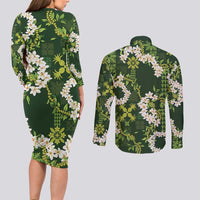 Mokihana Maile and Ilima Leis Couples Matching Long Sleeve Bodycon Dress and Long Sleeve Button Shirt Omaʻomaʻo Hawaiian Tapa Quilt Pattern LT9 - Polynesian Pride