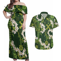 Mokihana Maile and Ilima Leis Couples Matching Off Shoulder Maxi Dress and Hawaiian Shirt Omaʻomaʻo Hawaiian Tapa Quilt Pattern LT9 Green - Polynesian Pride