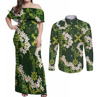Mokihana Maile and Ilima Leis Couples Matching Off Shoulder Maxi Dress and Long Sleeve Button Shirt Omaʻomaʻo Hawaiian Tapa Quilt Pattern LT9 Green - Polynesian Pride
