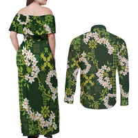 Mokihana Maile and Ilima Leis Couples Matching Off Shoulder Maxi Dress and Long Sleeve Button Shirt Omaʻomaʻo Hawaiian Tapa Quilt Pattern LT9 - Polynesian Pride
