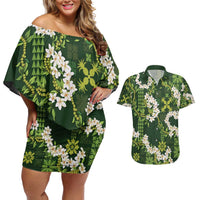 Mokihana Maile and Ilima Leis Couples Matching Off Shoulder Short Dress and Hawaiian Shirt Omaʻomaʻo Hawaiian Tapa Quilt Pattern LT9 Green - Polynesian Pride