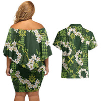 Mokihana Maile and Ilima Leis Couples Matching Off Shoulder Short Dress and Hawaiian Shirt Omaʻomaʻo Hawaiian Tapa Quilt Pattern LT9 - Polynesian Pride