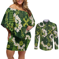 Mokihana Maile and Ilima Leis Couples Matching Off Shoulder Short Dress and Long Sleeve Button Shirt Omaʻomaʻo Hawaiian Tapa Quilt Pattern LT9 Green - Polynesian Pride