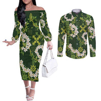 Mokihana Maile and Ilima Leis Couples Matching Off The Shoulder Long Sleeve Dress and Long Sleeve Button Shirt Omaʻomaʻo Hawaiian Tapa Quilt Pattern LT9 Green - Polynesian Pride