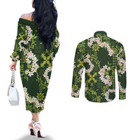 Mokihana Maile and Ilima Leis Couples Matching Off The Shoulder Long Sleeve Dress and Long Sleeve Button Shirt Omaʻomaʻo Hawaiian Tapa Quilt Pattern LT9 - Polynesian Pride