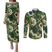 Mokihana Maile and Ilima Leis Couples Matching Puletasi and Long Sleeve Button Shirt Omaʻomaʻo Hawaiian Tapa Quilt Pattern LT9 Green - Polynesian Pride