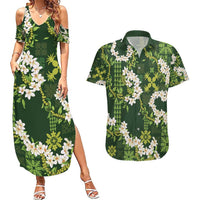 Mokihana Maile and Ilima Leis Couples Matching Summer Maxi Dress and Hawaiian Shirt Omaʻomaʻo Hawaiian Tapa Quilt Pattern LT9 Green - Polynesian Pride