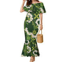 Mokihana Maile and Ilima Leis Family Matching Mermaid Dress and Hawaiian Shirt Omaʻomaʻo Hawaiian Tapa Quilt Pattern LT9 Mom's Dress Green - Polynesian Pride