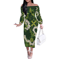 Mokihana Maile and Ilima Leis Family Matching Off The Shoulder Long Sleeve Dress and Hawaiian Shirt Omaʻomaʻo Hawaiian Tapa Quilt Pattern LT9 Mom's Dress Green - Polynesian Pride