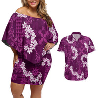 Mokihana Maile and Ilima Leis Couples Matching Off Shoulder Short Dress and Hawaiian Shirt Akala Hawaiian Tapa Quilt Pattern LT9 Pink - Polynesian Pride