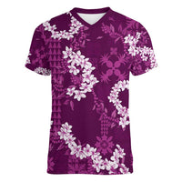 Mokihana Maile and Ilima Leis Women V-Neck T-Shirt Akala Hawaiian Tapa Quilt Pattern LT9 Female Pink - Polynesian Pride