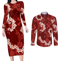 Mokihana Maile and Ilima Leis Couples Matching Long Sleeve Bodycon Dress and Long Sleeve Button Shirt Ulaʻula Hawaiian Tapa Quilt Pattern LT9 Red - Polynesian Pride