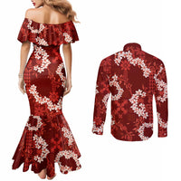 Mokihana Maile and Ilima Leis Couples Matching Mermaid Dress and Long Sleeve Button Shirt Ulaʻula Hawaiian Tapa Quilt Pattern LT9 - Polynesian Pride