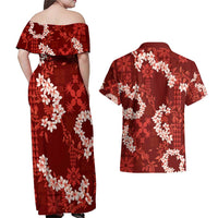 Mokihana Maile and Ilima Leis Couples Matching Off Shoulder Maxi Dress and Hawaiian Shirt Ulaʻula Hawaiian Tapa Quilt Pattern LT9 - Polynesian Pride