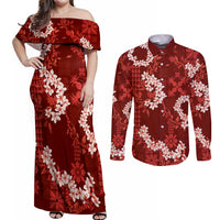 Mokihana Maile and Ilima Leis Couples Matching Off Shoulder Maxi Dress and Long Sleeve Button Shirt Ulaʻula Hawaiian Tapa Quilt Pattern LT9 Red - Polynesian Pride
