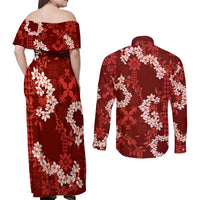 Mokihana Maile and Ilima Leis Couples Matching Off Shoulder Maxi Dress and Long Sleeve Button Shirt Ulaʻula Hawaiian Tapa Quilt Pattern LT9 - Polynesian Pride