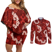 Mokihana Maile and Ilima Leis Couples Matching Off Shoulder Short Dress and Long Sleeve Button Shirt Ulaʻula Hawaiian Tapa Quilt Pattern LT9 Red - Polynesian Pride
