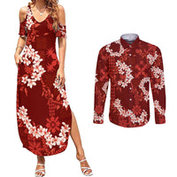 Mokihana Maile and Ilima Leis Couples Matching Summer Maxi Dress and Long Sleeve Button Shirt Ulaʻula Hawaiian Tapa Quilt Pattern LT9 Red - Polynesian Pride
