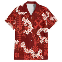 Mokihana Maile and Ilima Leis Family Matching Puletasi and Hawaiian Shirt Ulaʻula Hawaiian Tapa Quilt Pattern LT9 Dad's Shirt - Short Sleeve Red - Polynesian Pride