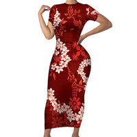 Mokihana Maile and Ilima Leis Family Matching Short Sleeve Bodycon Dress and Hawaiian Shirt Ulaʻula Hawaiian Tapa Quilt Pattern LT9 Mom's Dress Red - Polynesian Pride