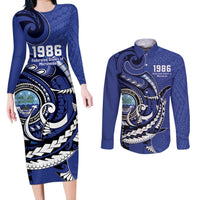 Personalized FSM 1986 Independence Day Couples Matching Long Sleeve Bodycon Dress and Long Sleeve Button Shirt Polynesian Shark Tattoo Style LT9 Blue - Polynesian Pride