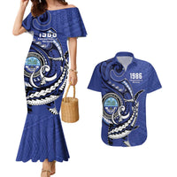 Personalized FSM 1986 Independence Day Couples Matching Mermaid Dress and Hawaiian Shirt Polynesian Shark Tattoo Style LT9 Blue - Polynesian Pride