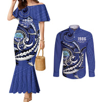 Personalized FSM 1986 Independence Day Couples Matching Mermaid Dress and Long Sleeve Button Shirt Polynesian Shark Tattoo Style LT9 Blue - Polynesian Pride