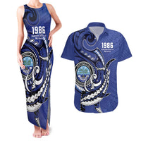 Personalized FSM 1986 Independence Day Couples Matching Tank Maxi Dress and Hawaiian Shirt Polynesian Shark Tattoo Style LT9 Blue - Polynesian Pride