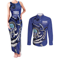 Personalized FSM 1986 Independence Day Couples Matching Tank Maxi Dress and Long Sleeve Button Shirt Polynesian Shark Tattoo Style LT9 Blue - Polynesian Pride