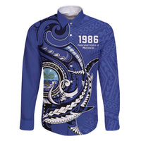 Personalized FSM 1986 Independence Day Family Matching Off The Shoulder Long Sleeve Dress and Hawaiian Shirt Polynesian Shark Tattoo Style LT9 Dad's Shirt - Long Sleeve Blue - Polynesian Pride