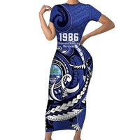 Personalized FSM 1986 Independence Day Family Matching Short Sleeve Bodycon Dress and Hawaiian Shirt Polynesian Shark Tattoo Style LT9 Mom's Dress Blue - Polynesian Pride