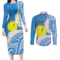 Personalized Palau 1994 Belau Rekid Couples Matching Long Sleeve Bodycon Dress and Long Sleeve Button Shirt Polynesian Plumeria Style LT9 Blue - Polynesian Pride