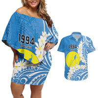 Personalized Palau 1994 Belau Rekid Couples Matching Off Shoulder Short Dress and Hawaiian Shirt Polynesian Plumeria Style LT9 Blue - Polynesian Pride
