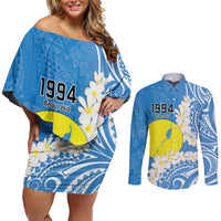 Personalized Palau 1994 Belau Rekid Couples Matching Off Shoulder Short Dress and Long Sleeve Button Shirt Polynesian Plumeria Style LT9 Blue - Polynesian Pride