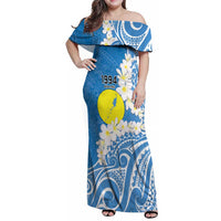 Personalized Palau 1994 Belau Rekid Family Matching Off Shoulder Maxi Dress and Hawaiian Shirt Polynesian Plumeria Style LT9 Mom's Dress Blue - Polynesian Pride