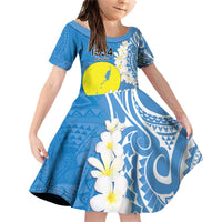 Personalized Palau 1994 Belau Rekid Family Matching Off Shoulder Short Dress and Hawaiian Shirt Polynesian Plumeria Style LT9 Daughter's Dress Blue - Polynesian Pride