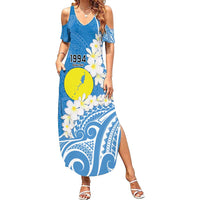 Personalized Palau 1994 Belau Rekid Family Matching Summer Maxi Dress and Hawaiian Shirt Polynesian Plumeria Style LT9 Mom's Dress Blue - Polynesian Pride