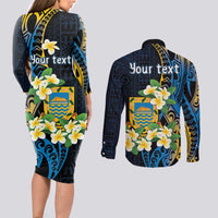 Personalised Tuvalu Beautiful Plumeria Flower Couples Matching Long Sleeve Bodycon Dress and Long Sleeve Button Shirt LT9 - Polynesian Pride