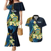 Personalised Tuvalu Beautiful Plumeria Flower Couples Matching Mermaid Dress and Hawaiian Shirt LT9 Black - Polynesian Pride